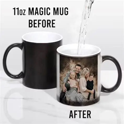 Personalized heat-changing magic mug showing before and after effect
