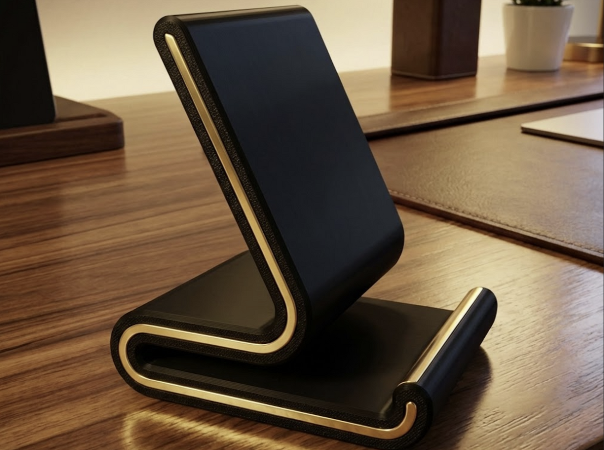 Black and gold-tone 3D printed mobile holder on a wooden desk