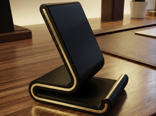 Black and gold-tone 3D printed mobile holder on a wooden desk