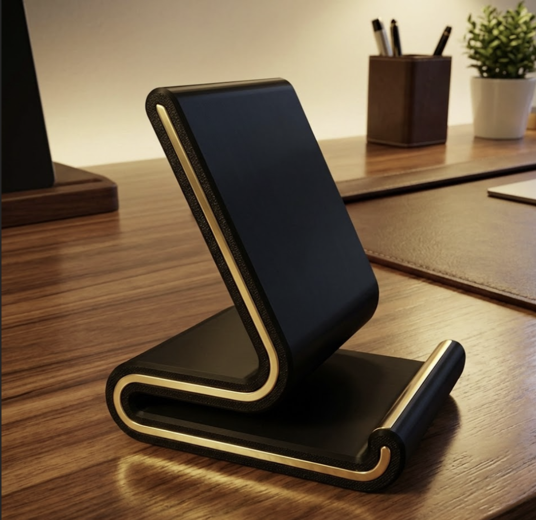 Angled view of black and gold-tone mobile holder showing the backrest and front lip
