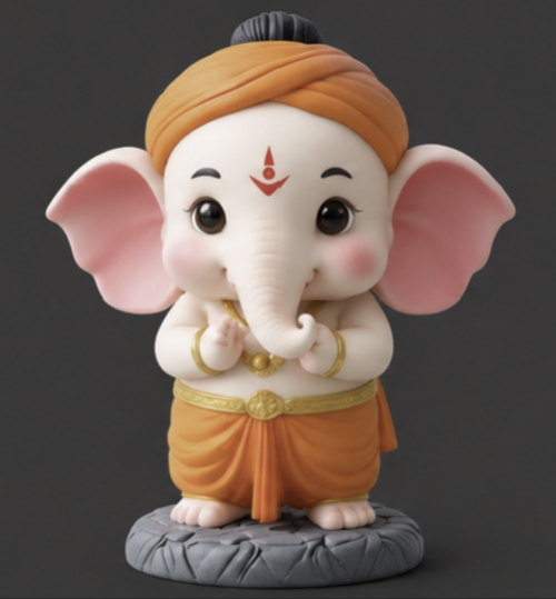 Front view of Lil Chibbi Ganesha idol with orange turban and dhoti on a grey base
