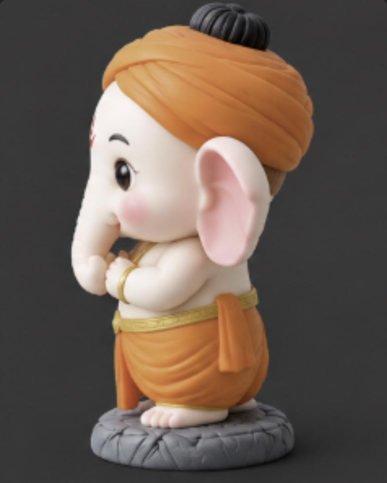Side view of 3D printed Lil Chibbi Ganesha idol with orange turban