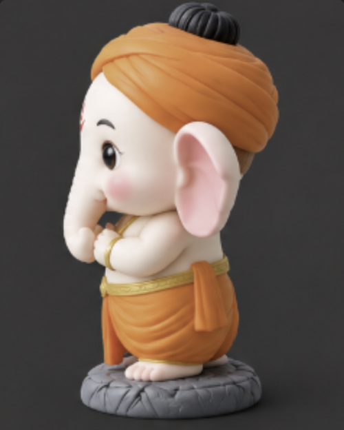 Side view of 3D printed Lil Chibbi Ganesha idol with orange turban