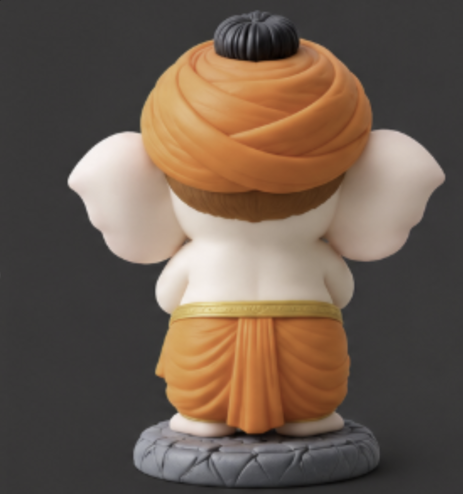 Rear view of Lil Chibbi Ganesha idol showing orange turban and dhoti