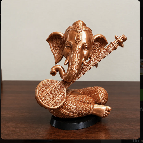 Copper-tone seated Ganesha decorative idol with a veena on a black base