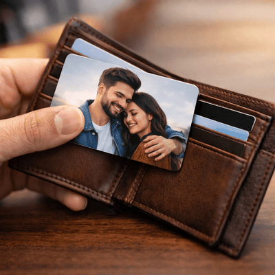 Brown leather wallet with a card featuring a couple on a pvc card